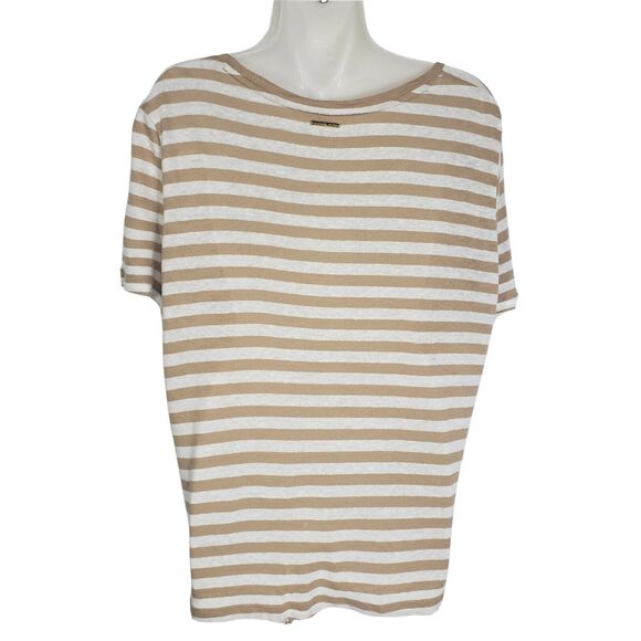 Michael Kors Women's Top Large Striped Linen Blend Beige Front Tie Short Sleeve - Picture 2 of 10